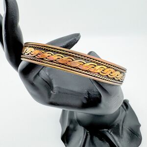 Vintage Copper Brass Cuff Bracelet Swirl Design Mixed Metal Boho Unisex Retro
